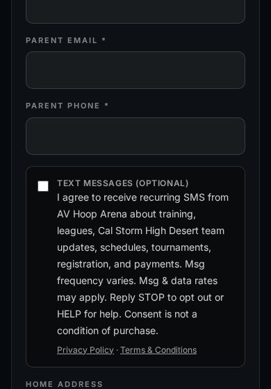 Cal Storm mobile: parent phone field followed by an unchecked optional text message consent checkbox